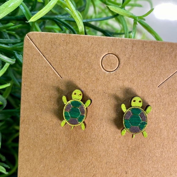 Hand Painted Turtles Wood Stud Earrings - Picture 1 of 1